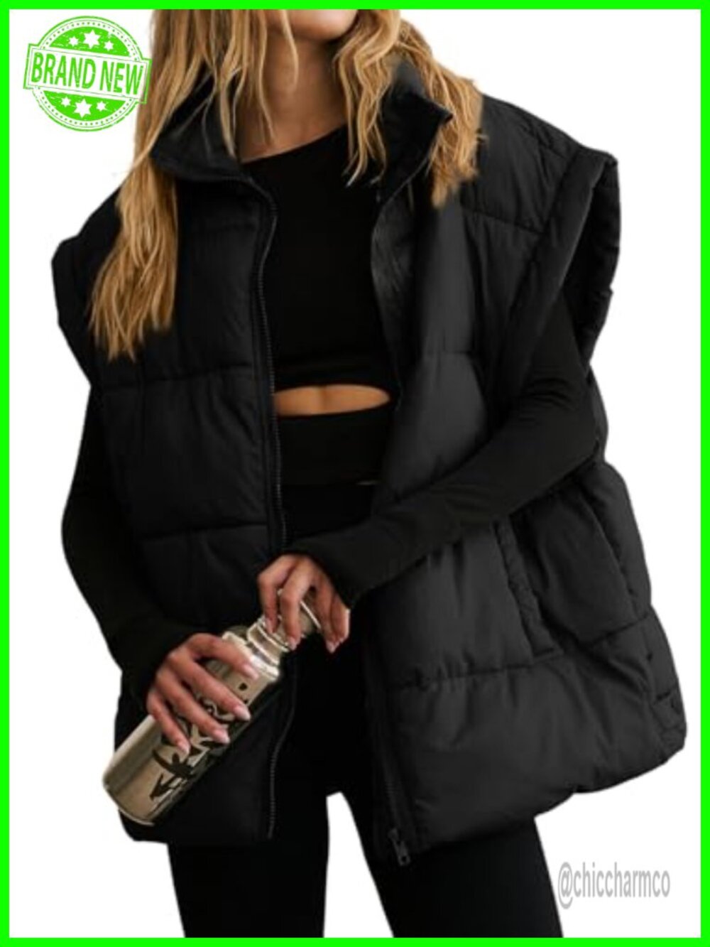 Womens Oversized Puffer Vest Sleeveless Quilted Zip Winter Coat Pockets
